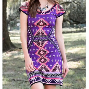 Miami Abstract Tribal Geometric Short Sleeve Dress Purple Small  NWT